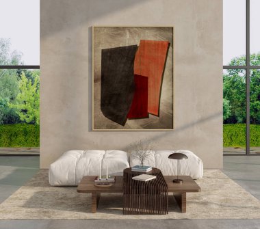 Büyük, lüks, modern kitaplar. Parlak iç mekânlar. Oturma odası tasviri.