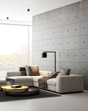 3D tasviri, büyük lüks, modern, parlak iç mekânlar sunuyor. Oturma odasındaki model bilgisayarlar dijital olarak oluşturuluyor.