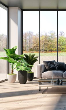 3D tasviri, büyük lüks, modern, parlak iç mekânlar sunuyor. Oturma odasındaki model bilgisayarlar dijital olarak oluşturuluyor.