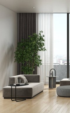 3D tasviri, büyük lüks, modern, parlak iç mekânlar sunuyor. Oturma odasındaki model bilgisayarlar dijital olarak oluşturuluyor.