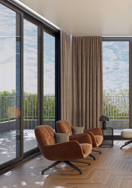 3D tasviri, büyük lüks, modern, parlak iç mekânlar sunuyor. Oturma odasındaki model bilgisayarlar dijital olarak oluşturuluyor.