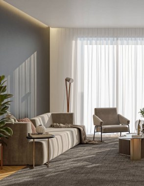 3D tasviri, büyük lüks, modern, parlak iç mekânlar sunuyor. Oturma odasındaki model bilgisayarlar dijital olarak oluşturuluyor.