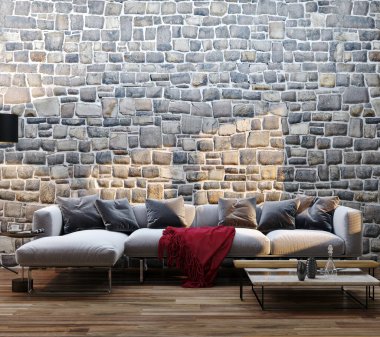 Büyük lüks, modern, parlak iç mekanlar. Oturma odası tasviri. 3D görüntüleme.