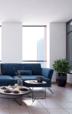 Büyük lüks, modern, parlak iç mekanlar. Oturma odası tasviri. 3D görüntüleme.