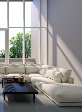 3D tasviri, büyük lüks, modern, parlak iç mekânlar sunuyor. Oturma odasındaki model bilgisayarlar dijital olarak oluşturuluyor.