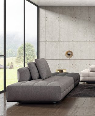 Büyük lüks, modern, parlak iç mekanlar. Oturma odası tasviri. 3D görüntüleme.