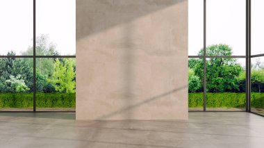 Büyük lüks, modern, parlak iç mekan. Oturma odası tasviri 3D canlandırma.