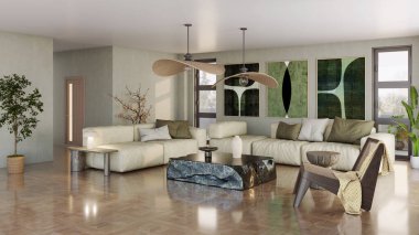 Büyük lüks, modern, parlak iç mekan. Oturma odası tasviri 3D canlandırma.