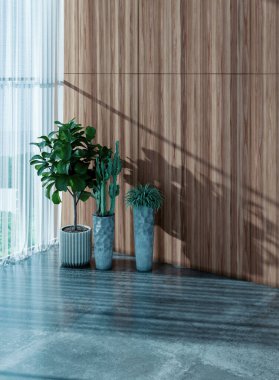 Büyük lüks, modern, parlak iç mekan. Oturma odası tasviri 3D canlandırma.