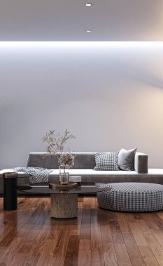 3D tasviri, büyük lüks, modern, parlak iç mekânlar sunuyor. Oturma odasındaki model bilgisayarlar dijital olarak oluşturuluyor.