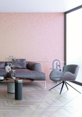 3D tasviri, büyük lüks, modern, parlak iç mekânlar sunuyor. Oturma odasındaki model bilgisayarlar dijital olarak oluşturuluyor.