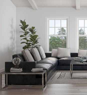 3D tasviri, büyük lüks, modern, parlak iç mekânlar sunuyor. Oturma odasındaki model bilgisayarlar dijital olarak oluşturuluyor.