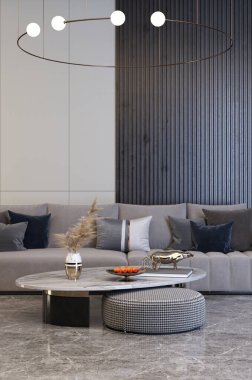 3D tasviri, büyük lüks, modern, parlak iç mekânlar sunuyor. Oturma odasındaki model bilgisayarlar dijital olarak oluşturuluyor.