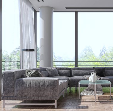 3D tasviri, büyük lüks, modern, parlak iç mekânlar sunuyor. Oturma odasındaki model bilgisayarlar dijital olarak oluşturuluyor.