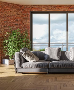 3D tasviri, büyük lüks, modern, parlak iç mekânlar sunuyor. Oturma odasındaki model bilgisayarlar dijital olarak oluşturuluyor.