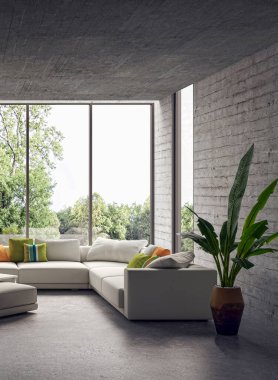 3D tasviri, büyük lüks, modern, parlak iç mekânlar sunuyor. Oturma odasındaki model bilgisayarlar dijital olarak oluşturuluyor.