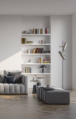 3D tasviri büyük lüks, modern, parlak iç mekânlar çiziyor. Oturma odası modeli. 