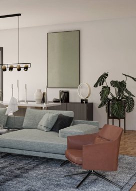 3D tasviri büyük lüks, modern, parlak iç mekânlar çiziyor. Oturma odası modeli. 