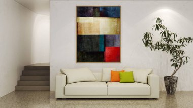 Büyük lüks, modern, parlak iç mekan. Oturma odası tasviri 3D canlandırma.