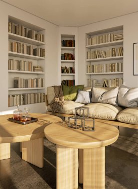 Büyük lüks, modern, parlak iç mekan. Oturma odası tasviri 3D canlandırma.