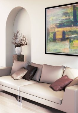 Büyük lüks, modern, parlak iç mekan. Oturma odası tasviri 3D canlandırma.