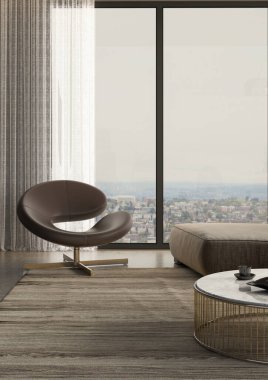 Büyük lüks, modern, parlak iç mekan. Oturma odası tasviri 3D canlandırma.