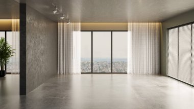 Büyük lüks, modern, parlak iç mekan. Oturma odası tasviri 3D canlandırma.