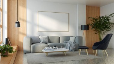 Büyük lüks, modern, parlak iç mekan. Oturma odası tasviri 3D canlandırma.