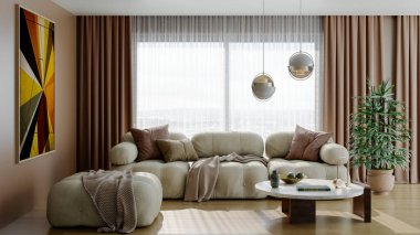 Büyük lüks, modern, parlak iç mekan. Oturma odası tasviri 3D canlandırma.