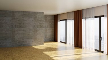 Büyük lüks, modern, parlak iç mekan. Oturma odası tasviri 3D canlandırma.