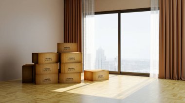 Büyük lüks, modern, parlak iç mekan. Oturma odası tasviri 3D canlandırma.