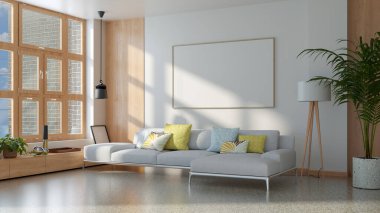 Büyük lüks, modern, parlak iç mekan. Oturma odası tasviri 3D canlandırma.