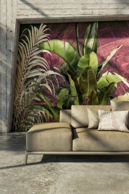 Büyük lüks, modern, parlak iç mekan. Oturma odası tasviri 3D canlandırma.