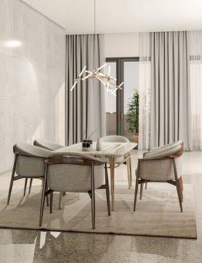 Büyük lüks, modern, parlak iç mekan. Oturma odası tasviri 3D canlandırma.