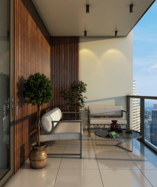 Büyük lüks, modern, parlak iç mekan. Oturma odası tasviri 3D canlandırma.