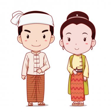 Myanmar geleneksel kostüm karikatür karakter çift.