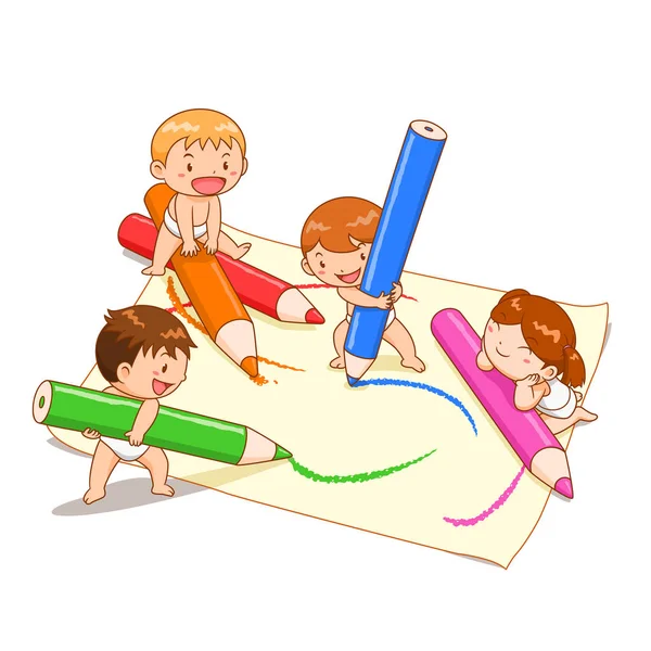 Cartoon Illustration Cute Kids Playing Colour Pencils Paper — Stock Vector