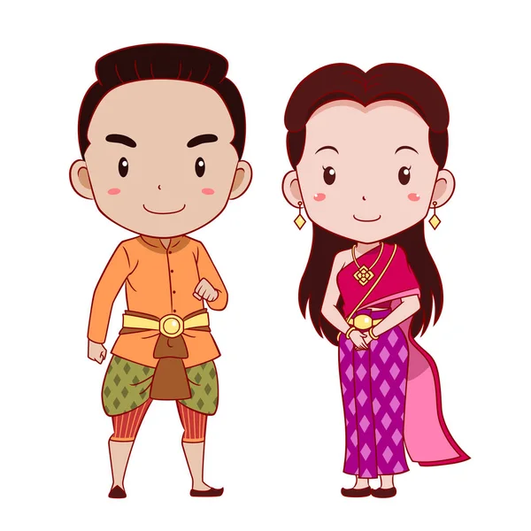 Niedliches Paar Von Comicfiguren Traditioneller Thailändischer Tracht — Stockvektor