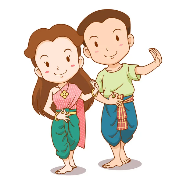 Schattig Paar Cartoon Van Traditionele Thaise Dansers — Stockvector