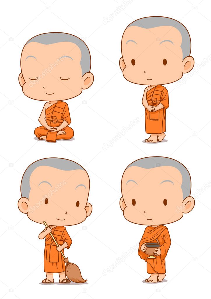 Cartoon character of Buddhist monks in different poses.