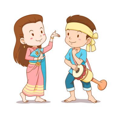 Geleneksel Tay dansçıları sevimli çift karikatür. Tay uzun davul dans.