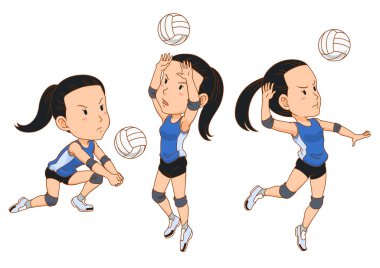 Farklı pozlar voleybol oyuncusu karikatür karakter.