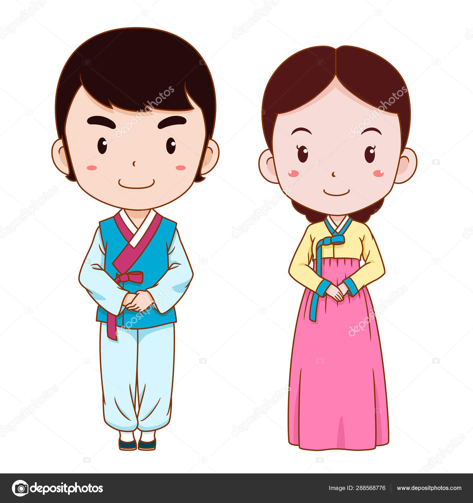 Cute Couple Cartoon Korean Traditional Costume Stock Vector by