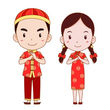 Çinli geleneksel kostüm sevimli çift karikatür ile mutlu Çin yeni yıl.