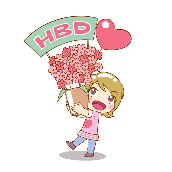 Girl Holding Bouquet Flowers Cartoon Character Birthday — Stock Vector