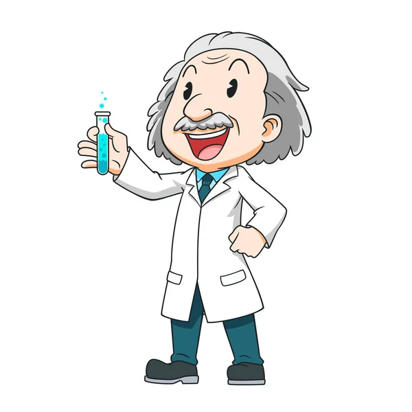 Bir Test Tüp Tutan Bilim Adamı Karikatür Karakter — Stok Vektör