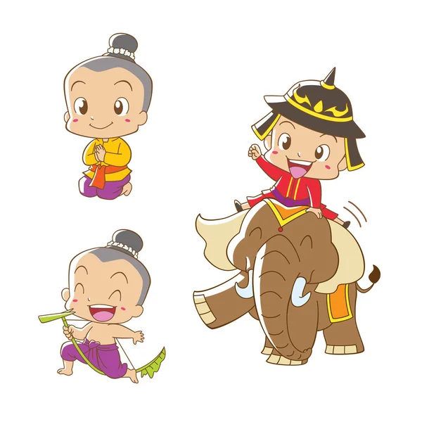 タイの伝統的な衣装でタイの少年の漫画のキャラクター — ストックベクタ