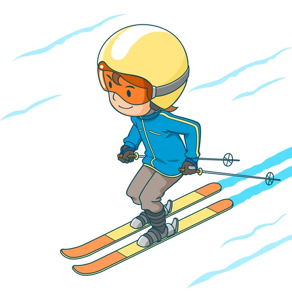 卡通字符可爱的男孩玩滑雪 — 图库矢量图片