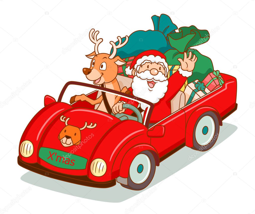 Cartoon vector of Santa Claus driving a car with reindeer sitting beside.