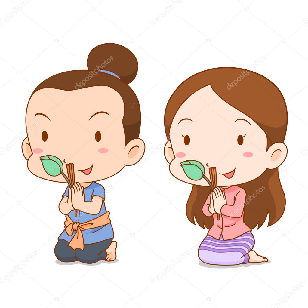 Cute couple cartoon in Thai costume praying with incense sticks and lotus.